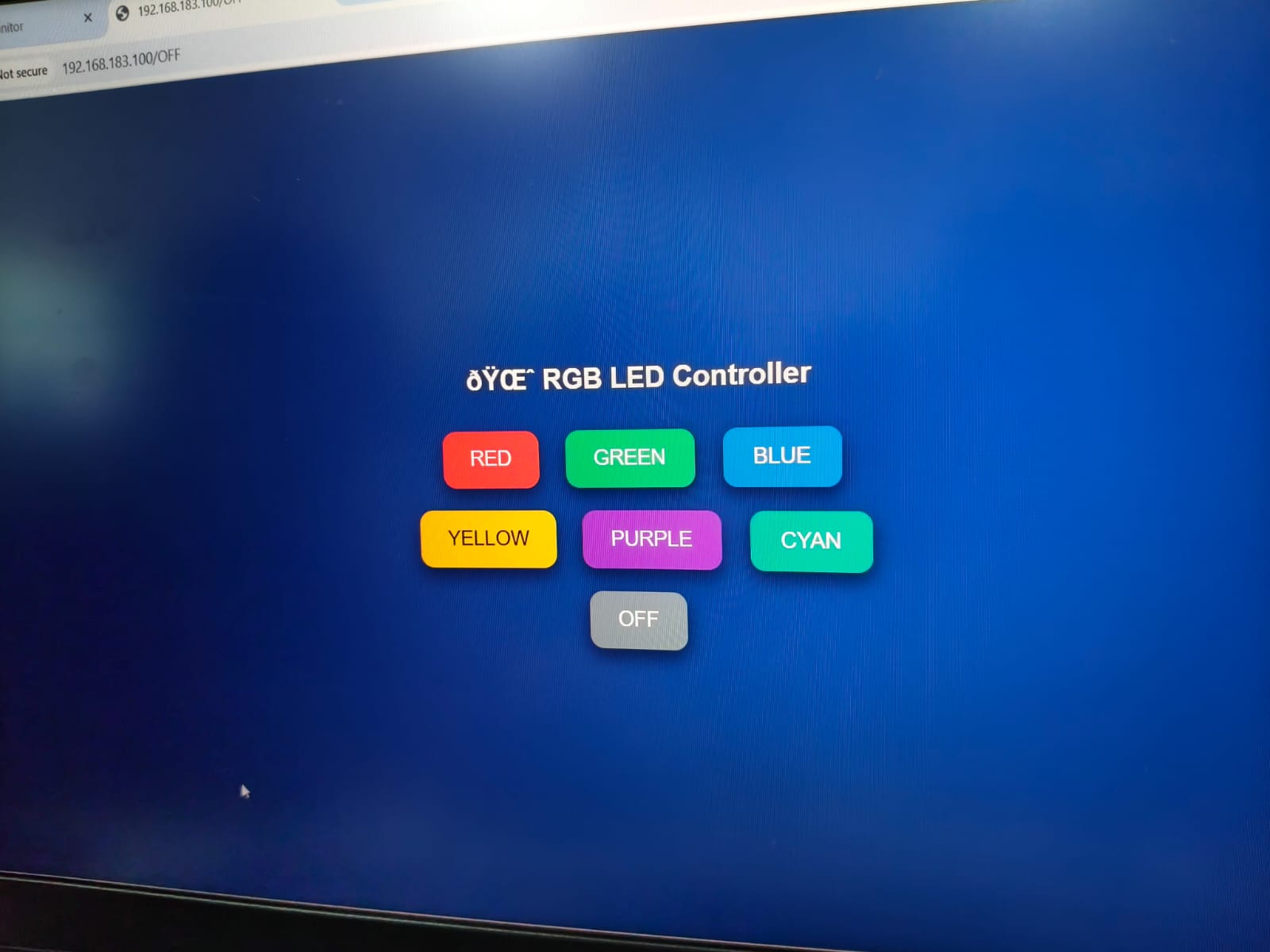A screenshot of a mobile phone displaying a color picker web interface used to control an RGB LED.